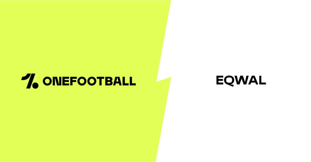 Zweigeteiltes Bild, links das Logo von Onefootball, rechts der Schriftzug "EQWAL" auf gelbem Hintergrund.