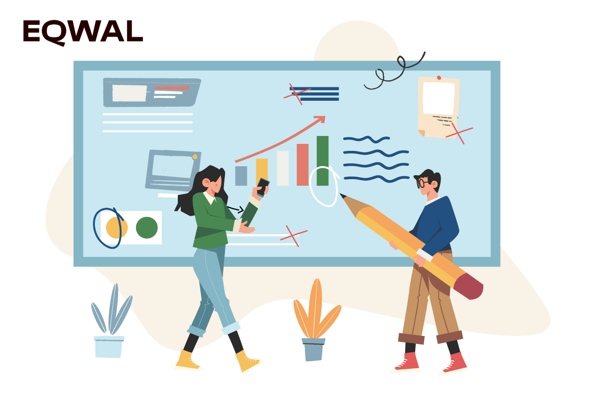 Illustration zweier Personen, die große Schreibutensilien halten und an einer Tafel mit Diagrammen arbeiten, Symbol für Teamarbeit auf EQWAL.legal.